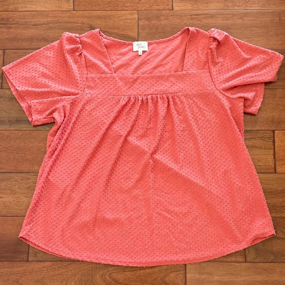 Ava James Size 2X Coral Textured Short Sleeve Top Square Neckline - Picture 1 of 5